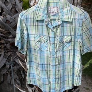 Women’s Western Crazy Cowgirl snap short sleeve plaid shirt size large